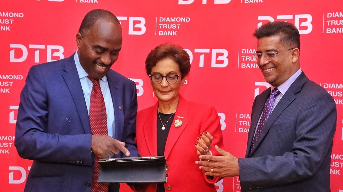 DTB Chairman Linus Gitahi (left) with DTB Group CEO Nasim Devji and Finance & Strategy Director Alkarim Jiwa (right). PHOTO/COURTESY